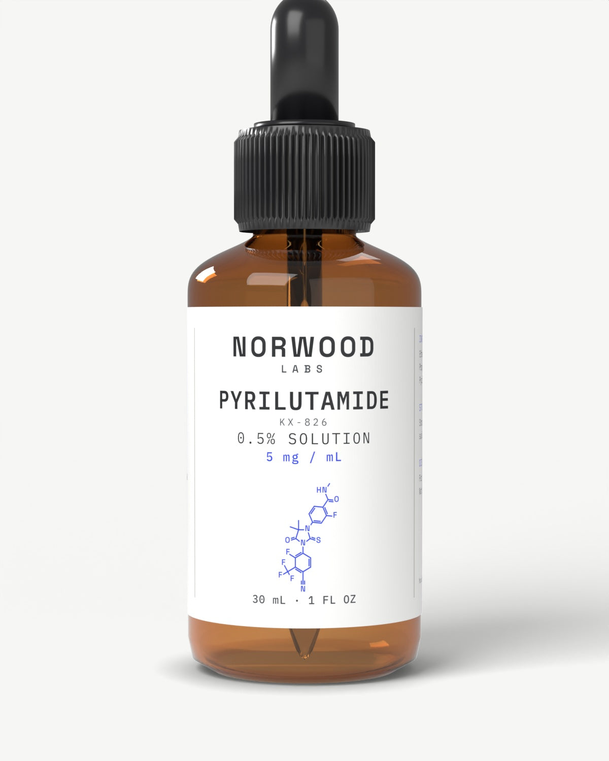Pyrilutamide KX-826 0.5% solution 30ml amber dropper bottle, Norwood Labs — front