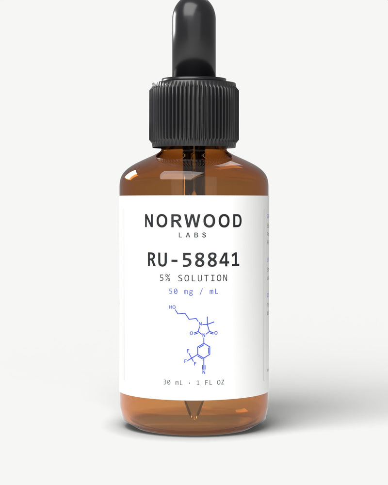 RU-58841 5% solution 30ml amber dropper bottle, Norwood Labs — front solution