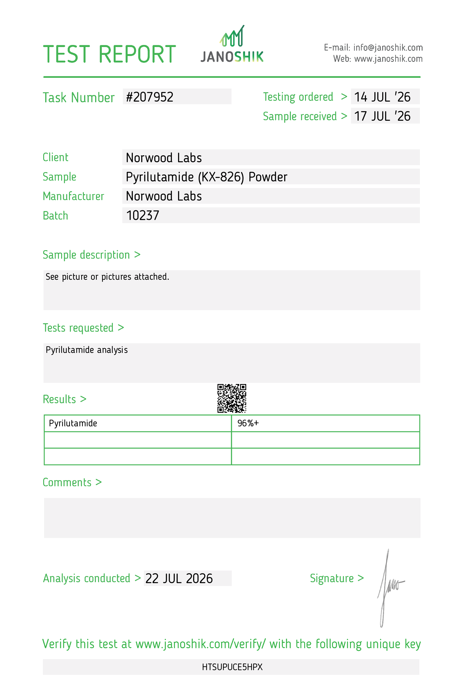 Janoshik Certificate of Analysis for Pyrilutamide (KX-826) batch 10237