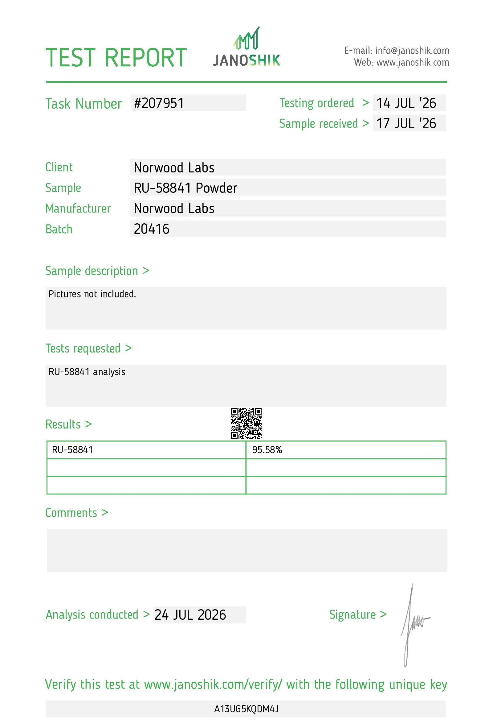 Janoshik test report #207951 for RU-58841 Powder, sample 20416
