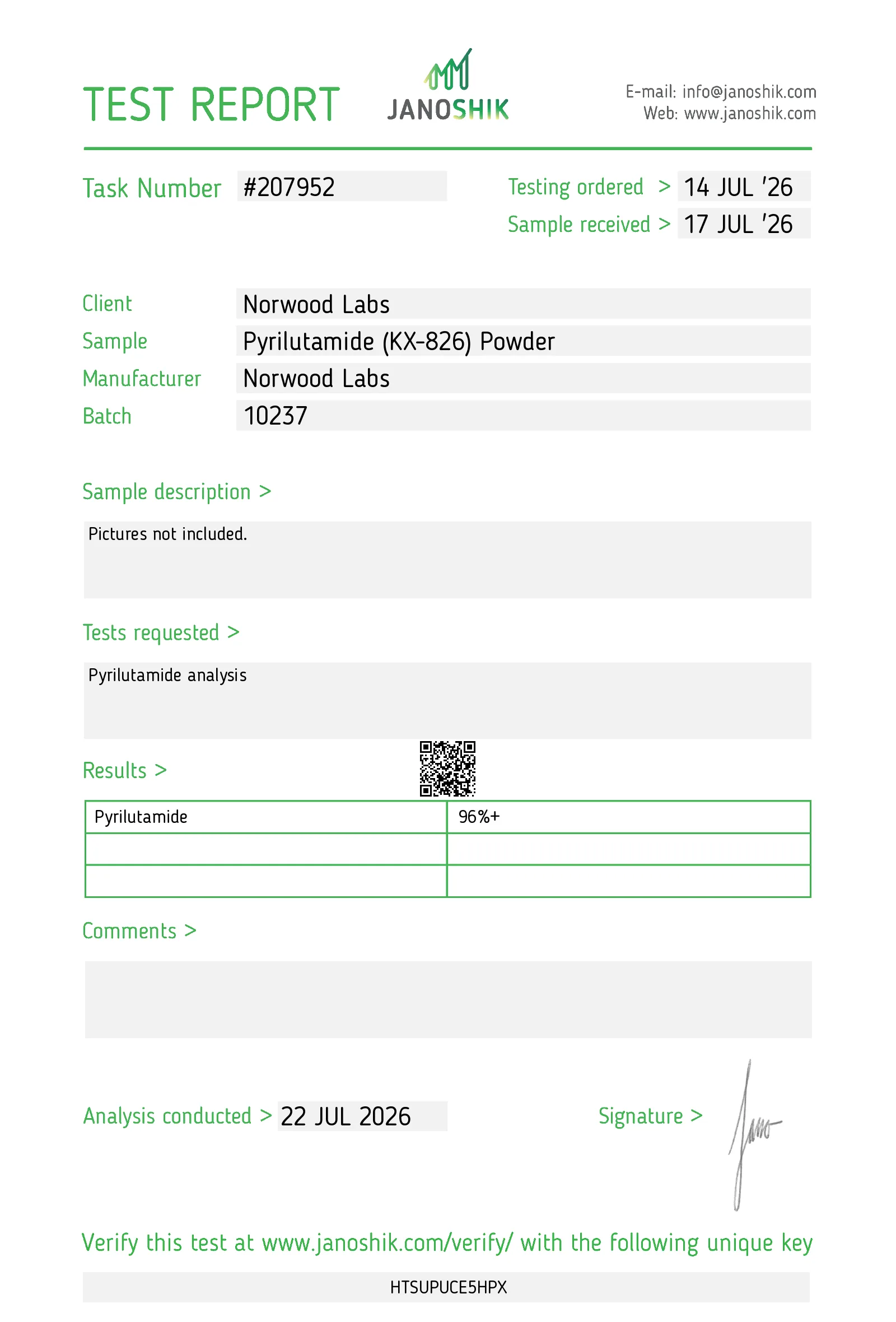 Janoshik test report #207952 for Pyrilutamide (KX-826) Powder, sample 10237