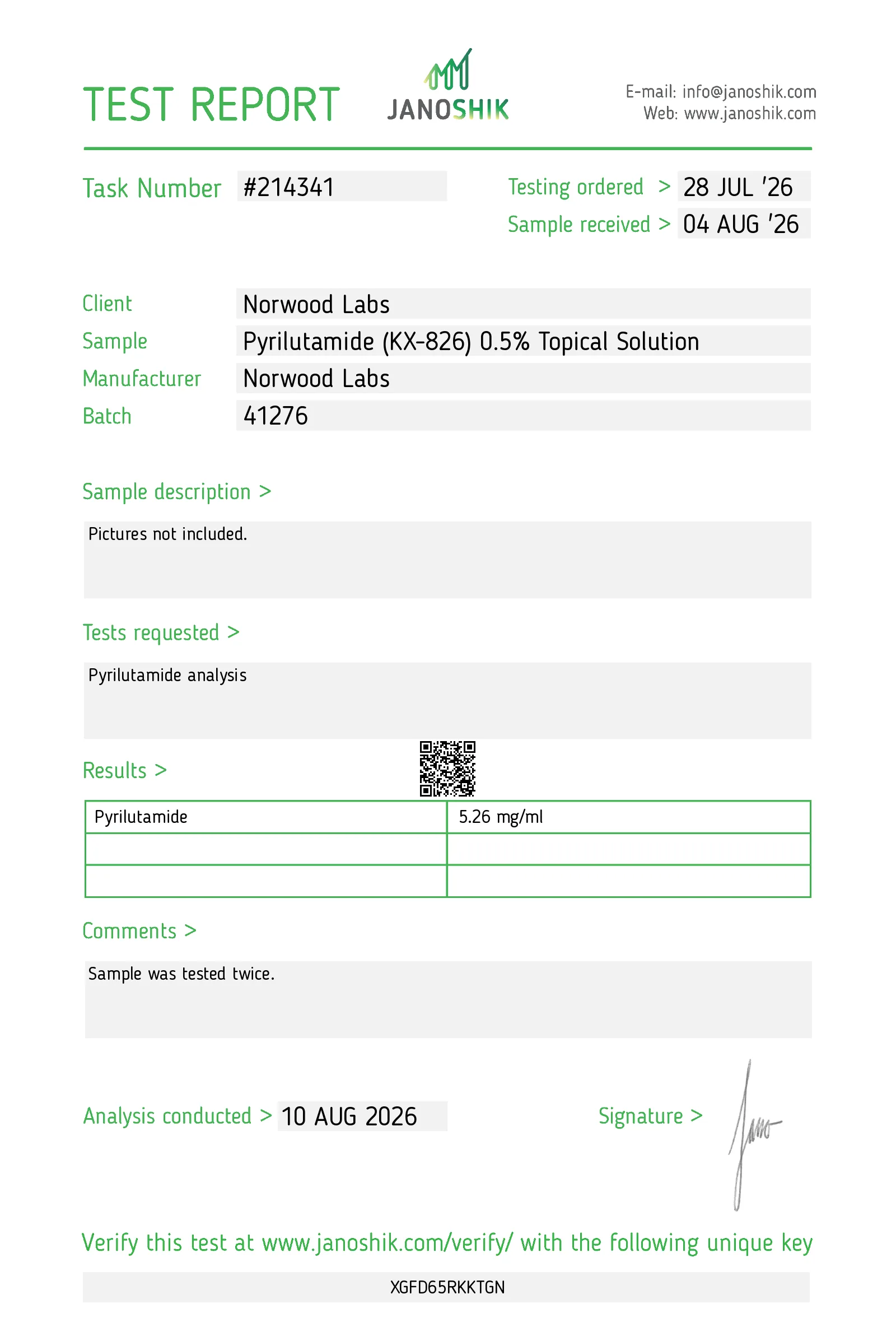 Janoshik test report #214341 for Pyrilutamide (KX-826) 0.5% Topical Solution, sample 41276